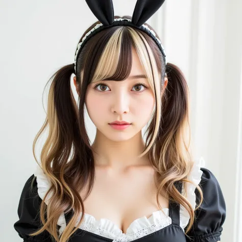  long hair, There are two-tone bangs for blond and black hair、Longer long hair、 light background、Black maid outfit、rabbit ear headband、twin tails