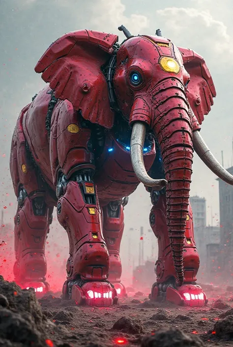 "A massive, Iron Man-style mechanical elephant. Its entire body is covered in vibrant red and gold metal armor, and its four sturdy legs are reinforced with hydraulic mechanical joints and repulsor thrusters to aid its massive movements. The elephant's hea...