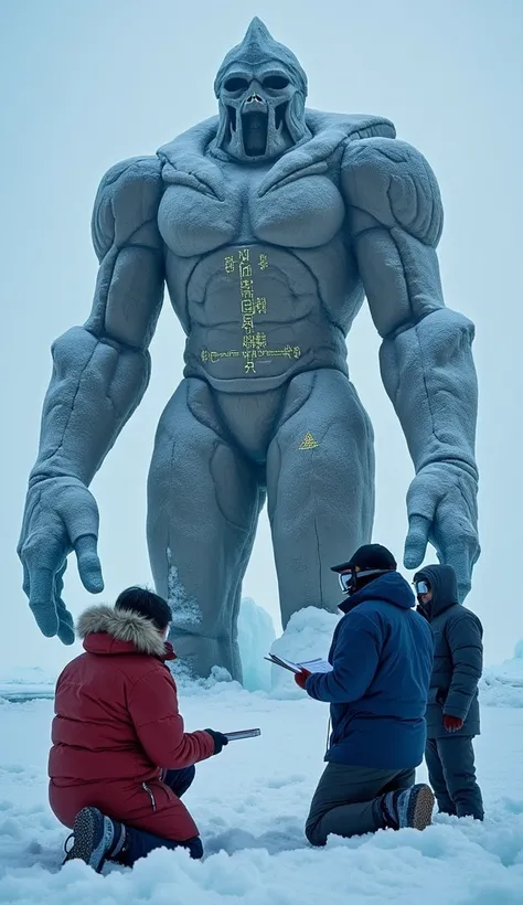 High-resolution image of the colossal frozen titan, still encased in thick Arctic ice, as a group of researchers sets up high-tech scanning equipment around its icy tomb. The titan has rough stone-like skin covered in frost, a partially broken helmet made ...