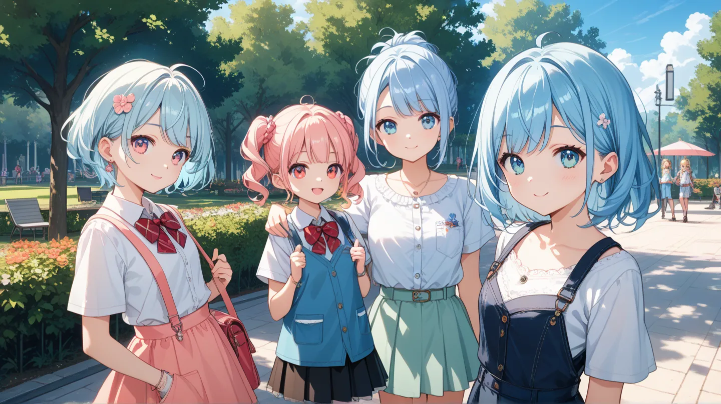 female middle school students　 short hair 　 light blue hair　 Red　cute