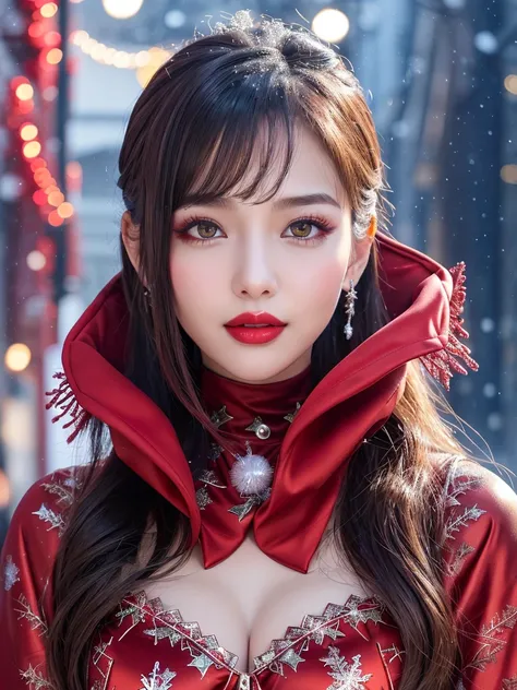 (Highest quality、((fullbody1.9))、8k、Best image quality、Award-winning works)、(One Girl, :1.3)、(Outfits are right red winter street fashion:1.9)、(Red eyeshadow:1.2)、Perfect Makeup、Long eyelashes、Ultra-high definition sparkling eyes、Ultra HD Hair、Ultra-high r...