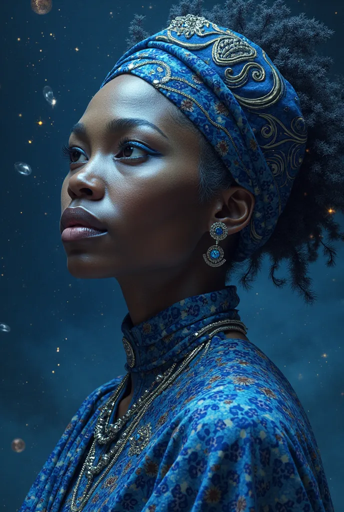 (Professional 3D renThering:1.3) The (realistic:1.3) Foto The arte mais bonito do mundo，moThelo nua(((only the face)))Yemanja, orisha, African Queen,blue clothes,Orixá queen of the oceans,blue colors, vestindo um aThe Thetalhado e intricate, maternal gaze,...