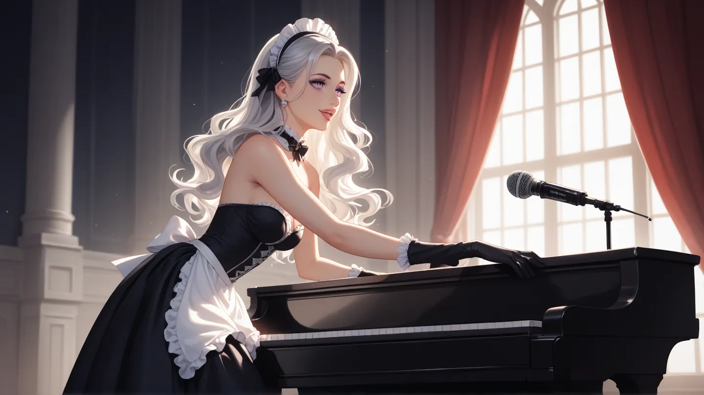 Masterpiece, best quality, highly detailed, beautiful lighting, cinematic,  
A silver-haired elegant maid with soft waves, deep purple eyes, standing on a grand stage, singing under a bright spotlight.  
She wears a classic black maid dress, long black glo...