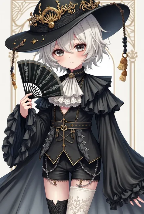 The character is a pale-skinned boy with short, platinum-blonde wavy hair and dramatic dark eye makeup, giving him a mysterious, doll-like appearance. He wears an extravagant black gothic outfit with intricate lace, layered fabric, and white accents. His l...