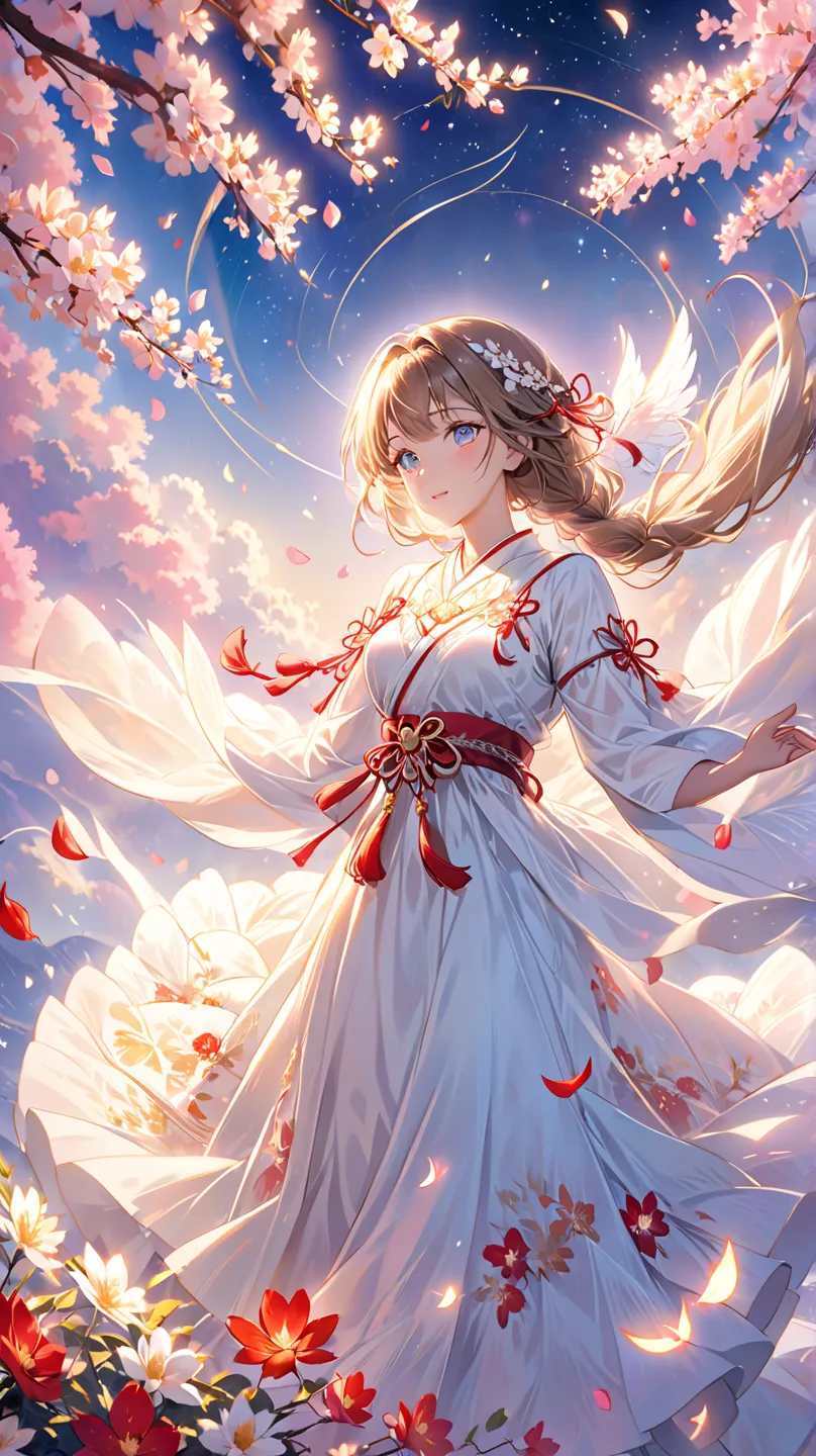 　A stunning figure, whether a divine being or a charming woman, holds a radiant heart in their hands. Their eyes shine with tenderness, and their aura exudes a sense of love and devotion. The background is a celestial expanse filled with soft glowing light...