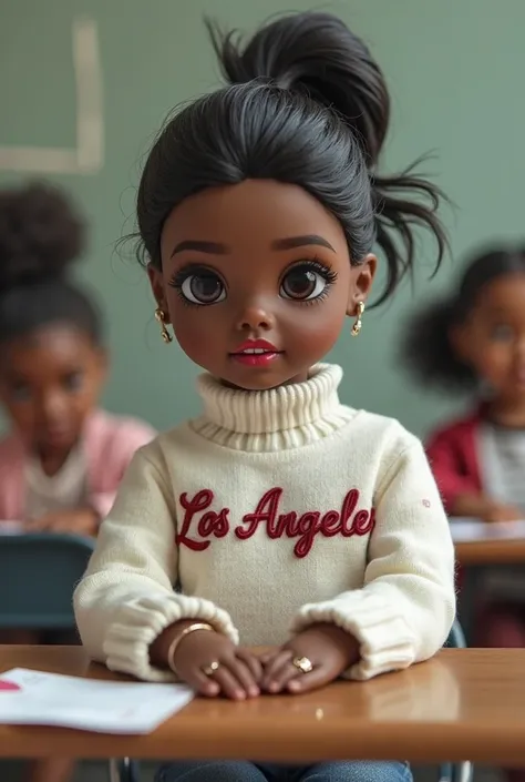 Create a doll Nenuco woman with dark skin, who wears a white Los Angeles sweater and wears short black hair tied up in a ponytail, he has a threatening look and bracelets on one hand, While the other one wears rings, Do it sitting in a classroom looking at...