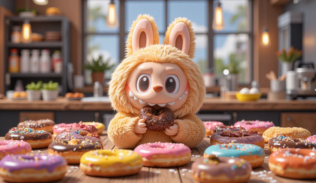 Labubu sits at a table full of colourful doughnuts and Labubu takes one chocolate doughnut, bites it with a happy expression.