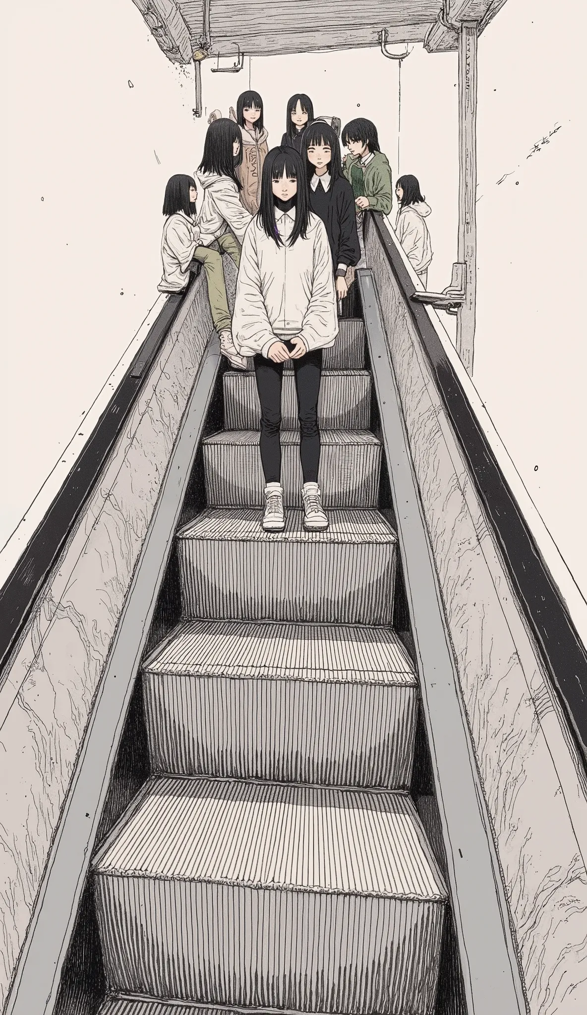 バックパックを背負って escalatorに乗っている子供もたくさんいます,  illustrations of by Yanagawa Nobusada, Tumbler, Happenings,  escalator, Tatsuro Kiuchi, エディトリアル illustrations, School corridor, Go down the stairs, Crowded,  Yangjun Cent , Sachin Ten, Shintaro Kago,  Box n Lin ,  il...