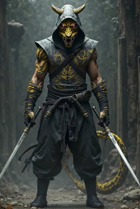 Naruto: dragon-tiger hybrid with black/yellow ninja mask, dark gray hooded jumpsuit, black belt, black gloves and black boots. He wields dual katanas.