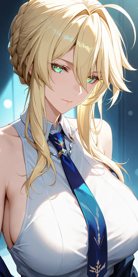 Masterpiece, very aesthetic, vibrant, high contrast, elegant mature woman, artoria pendragon (lancer), upper body, tie, sleeveless collared shirt, side boobs, soft light, honkai: star rail cg style