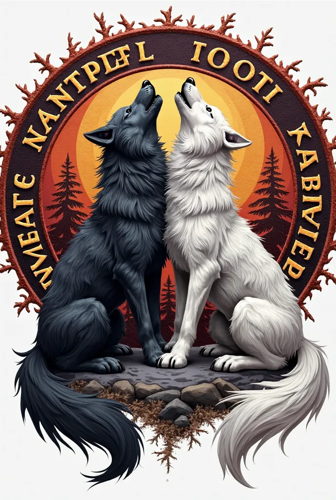 Round emblem for a kenpo karate school , In the center there are two wolves howling one black and the other white , around the outline say Wolves Kenpo Karate and that has an embroidered texture

