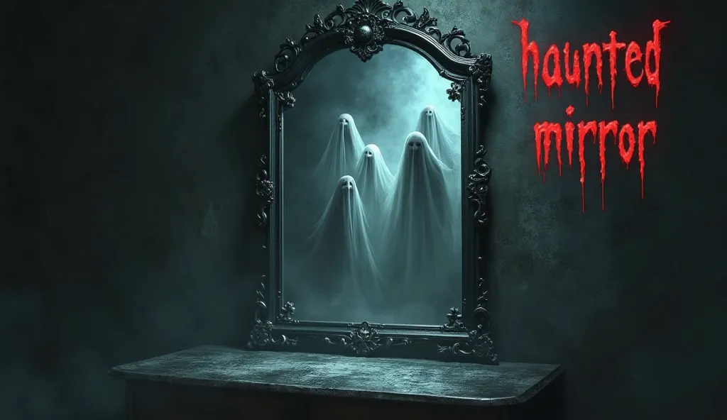 Create a Horror mirror with a show of ghost and also write "Haunted Mirror" In red 