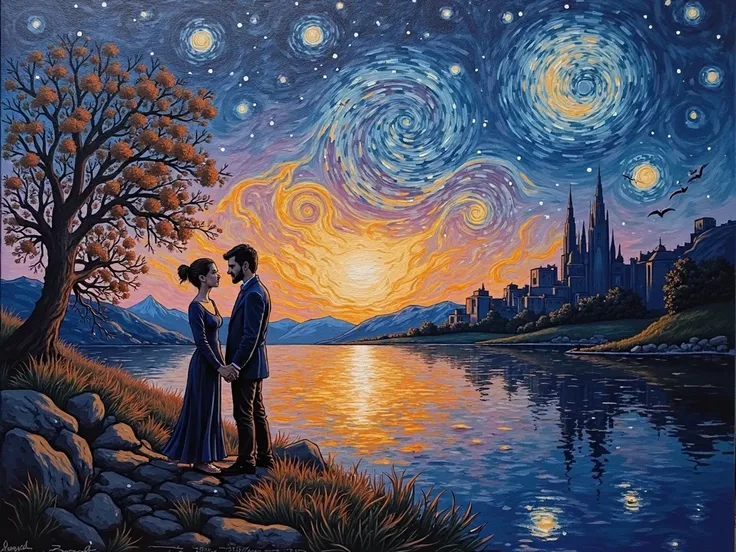 Make a painting in Van Gogh's artistic style as if he were painting a twilight painting from the movie 