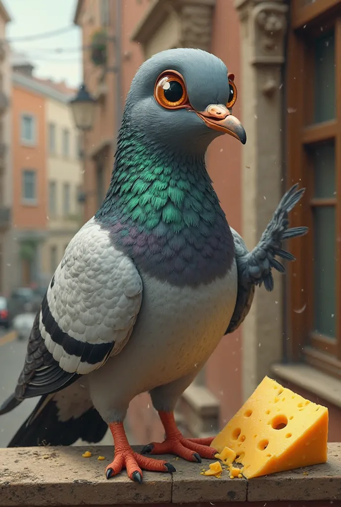 A strong pigeon offering you to come eat cheese with him