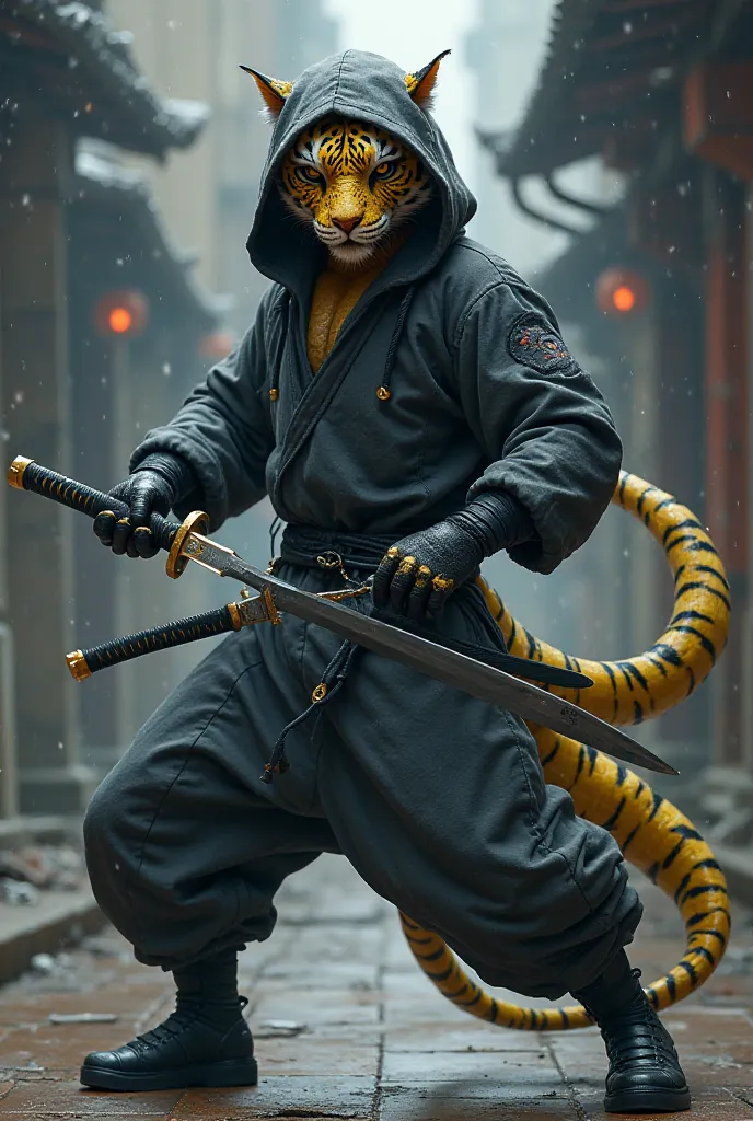 Anime: dragon-tiger hybrid with black/yellow ninja mask, dark gray hooded jumpsuit, black belt, black gloves and black boots. He wields dual katanas.