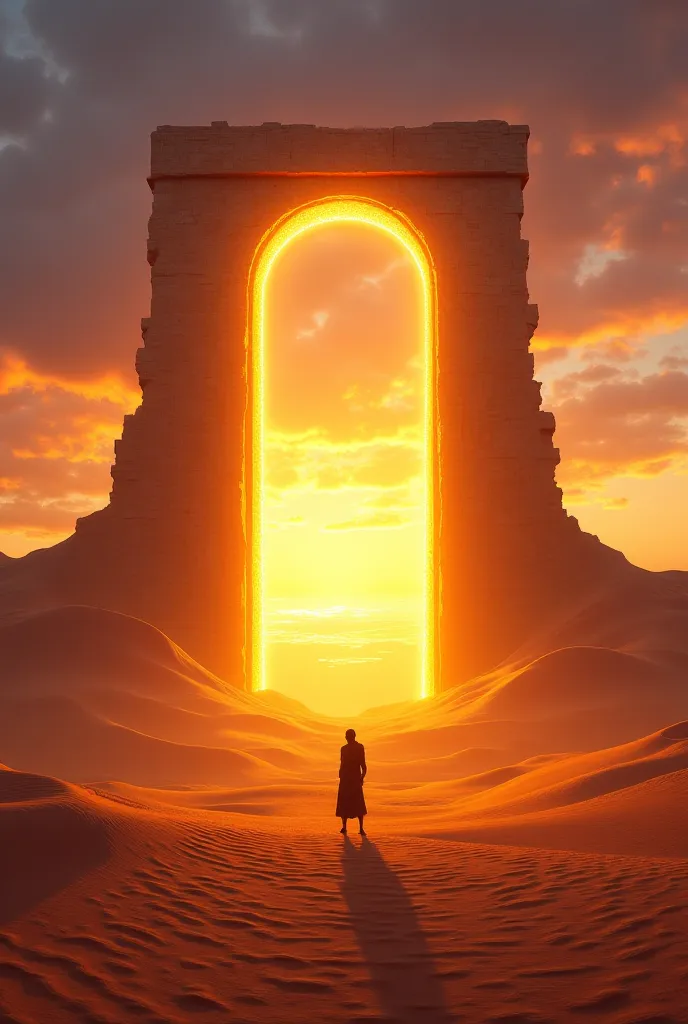 In the midst of a vast desert of glowing sand, a giant gate of pure gold rises, blooming on a sky rippling with the colors of twilight. . Every step towards the gate makes the traveler feel like crossing between the past and the future, where every moment ...