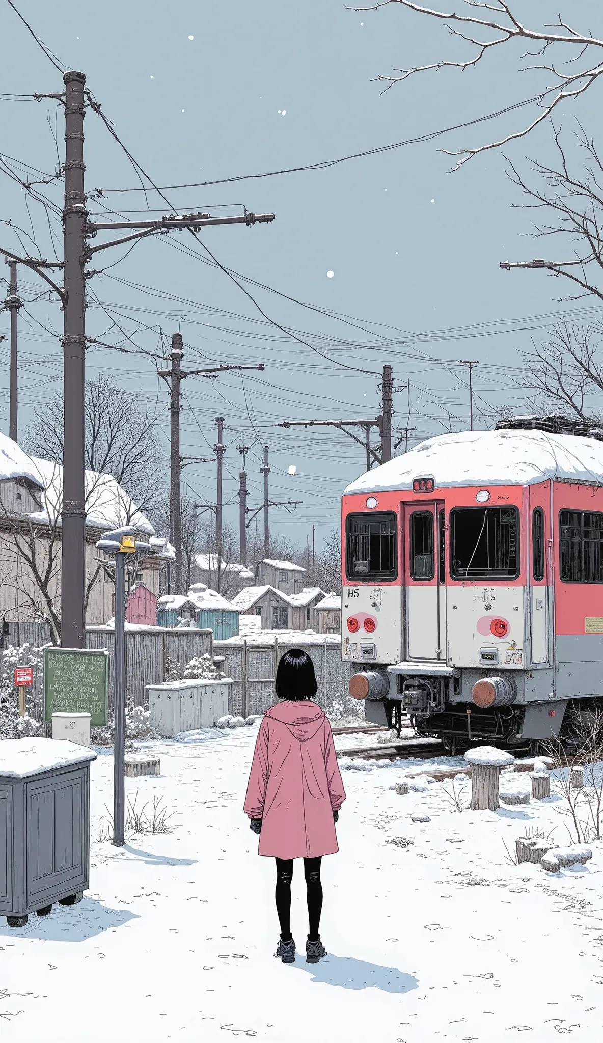 Anime character standing in front of a train at a snowy station,  Pale and colorful architectural drawings by Yanagawa Nobumasa , Shintaro Kago, by Oze Kanaoka, By Oka Yasutomo, Inspired by Kiyokata Kaburagi,  Anime Shigeru Aoki  , by Miwa Komatsu , Satosh...