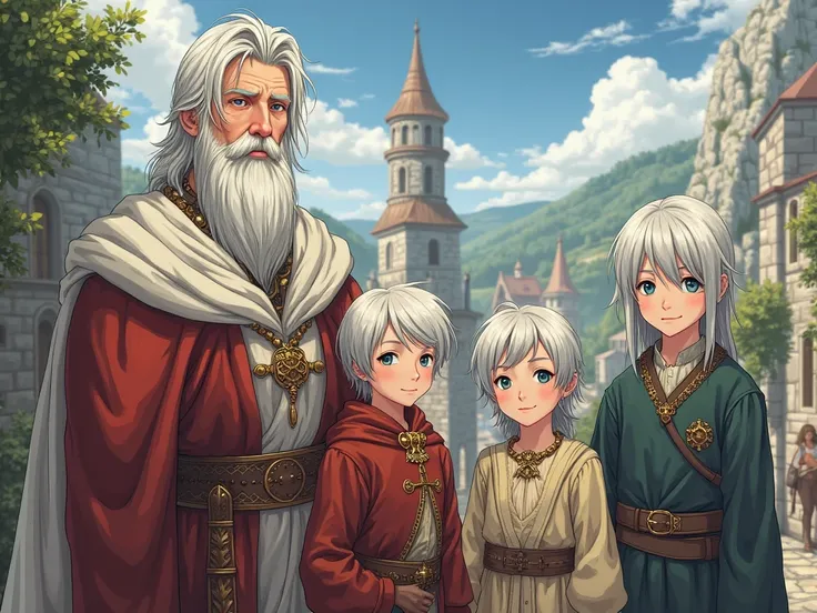 anime. Fantasy Medieval, ducal family. 5 people: 1)Grandfather: over 50 years old,  Tall, strong,  white hair,  pale blue eyes,  without beard. 2)son:  over 30,  Tall, strong, pale skin,  white hair,  light blue eyes . 3) First grandchild: ten years ,  whi...