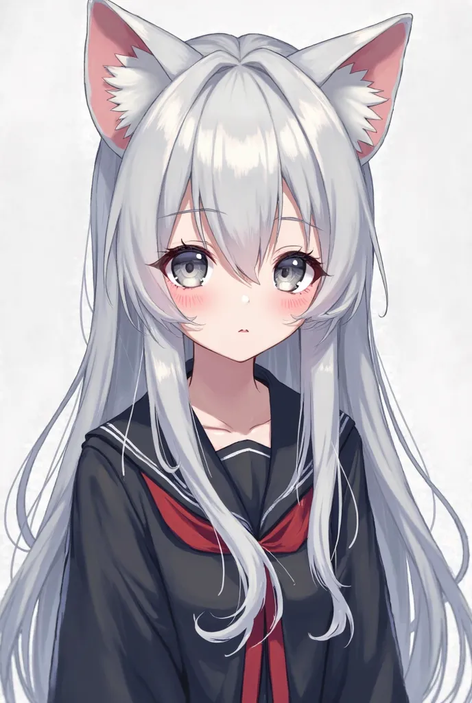  white hair ， long hair，girl，black Japanese school uniform，Grey eyed， with his right eye covered by hair ，Japanese two-dimensional style，cat ears，