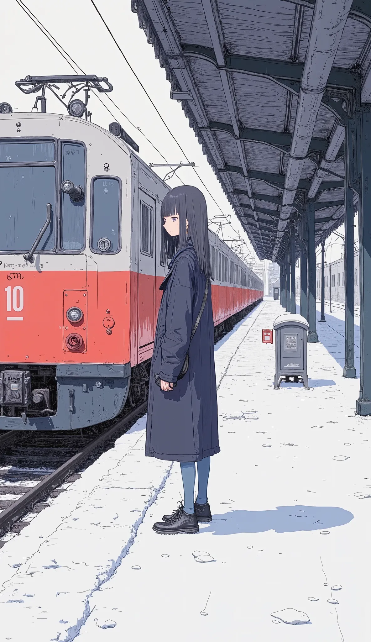 Anime character standing in front of a train at a snowy station,  Pale and colorful architectural drawings by Yanagawa Nobumasa , Shintaro Kago, by Oze Kanaoka, By Oka Yasutomo, Inspired by Kiyokata Kaburagi,  Anime Shigeru Aoki  , by Miwa Komatsu , Satosh...