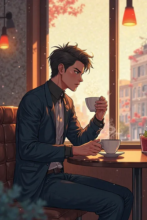 Anime handsome hero sitting down for coffee 