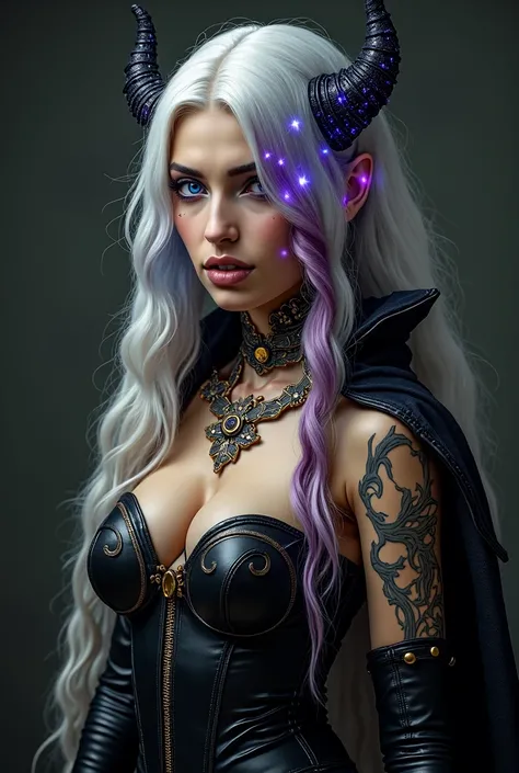 Sorcière Cosmique en 4K - 
Visage :

Peau cosmique, parcourue de tatouages irisés lumineux comme des constellations mystiques.
Yeux mauves violet intenses, entre le regard froid et mystérieux.
Traits beaux et harmonieux, avec un air impassible mais puissan...