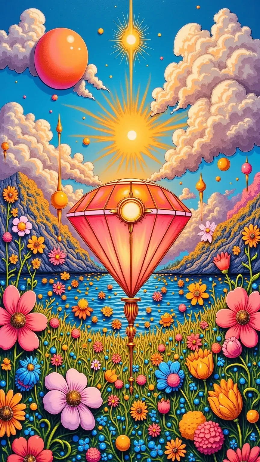 abstract art, expressive, oil painting, landscape, blue, yellow, red, white, pink, cyan, green, gleaming diamond with golden accents, radiating light, amidst brilliance, symetrical hyperdetailed texture, pearl filigree, perfect composition, ethereal, sky, ...