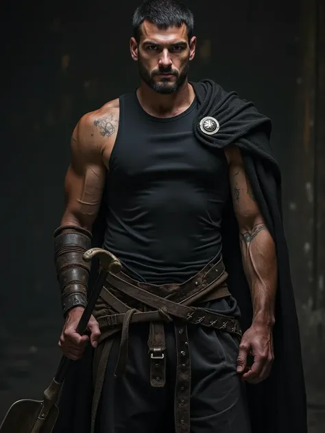 Alone, man, black compression tank top, athletic and muscular physique, short black hair.  dark environment,. gray eyes. Worn cape, black cover, medieval black pants with worn accessories, scars and marks from already healed battles.  penetrating look, ser...