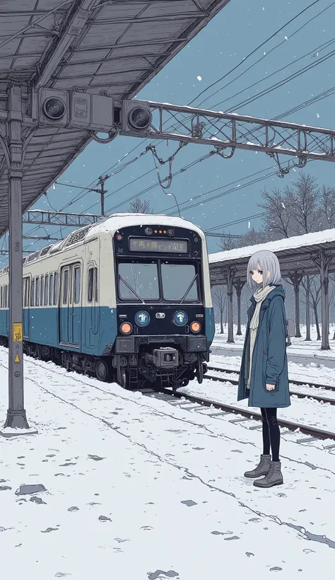 Anime character standing in front of a train at a snowy station, Manga drawn by Yanagawa Nobusada ,  pixiv contest winner,  what is it ？, Shintaro Kago,  Anime Shigeru Aoki  , Satoshi Kon's art style,   Japanese illustrator , Japanese anime style, Automati...