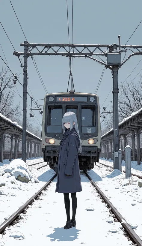 Anime character standing in front of a train at a snowy station, Manga drawn by Yanagawa Nobusada ,  pixiv contest winner,  what is it ？, Shintaro Kago,  Anime Shigeru Aoki  , Satoshi Kon's art style,   Japanese illustrator , Japanese anime style, Automati...