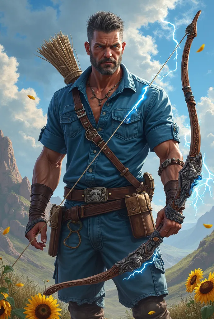 A man in a blue shirt and blue pants who carries a lightning bow and loves eating sunflower seeds and fighting evil.