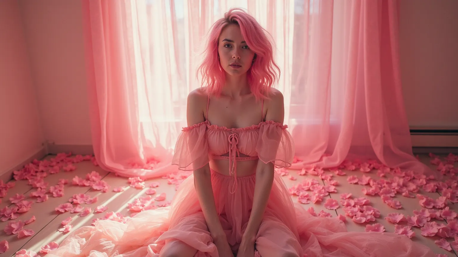 There is a woman standing on a floor with pink flowers, pink girl, Belle Delphine, 4k soft light in pink, cute girl with short pink hair, pink hair, some pink, long pink hair, pink skin, with pink hair, pink hair, long loose pink hair, loose pink hair, pin...