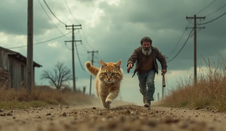 "A fluffy, wide-eyed cat with a slightly panicked expression runs down a dirt road in a rural setting, its fur bouncing with each stride. Behind it, a rugged man with unkempt hair, a scruffy beard, and a tattered jacket is chasing the cat, holding a wooden...