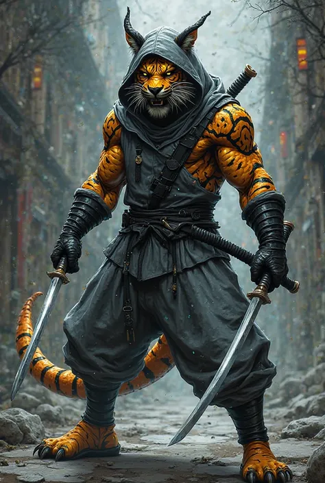 Cartoon: dragon-tiger hybrid with black/yellow ninja mask, gray hooded jumpsuit, black belt, black gloves and black boots. He wields dual katanas.