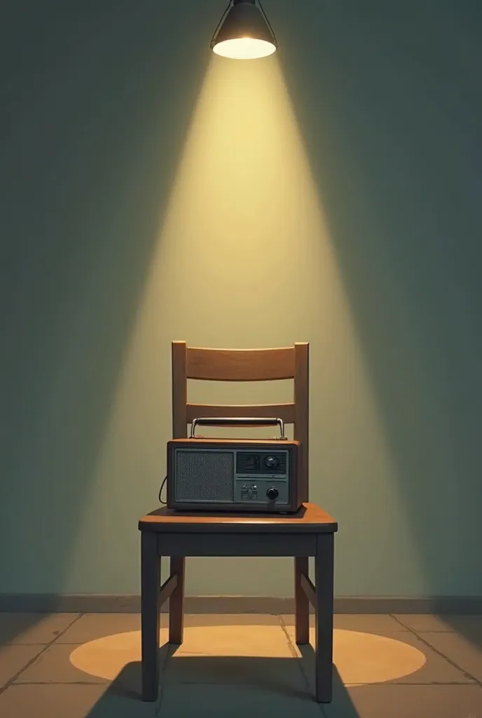 Poster for a play. in the center of an empty wooden chair with a radio. There is a light from a spotlight on the chair. The image is melancholic 