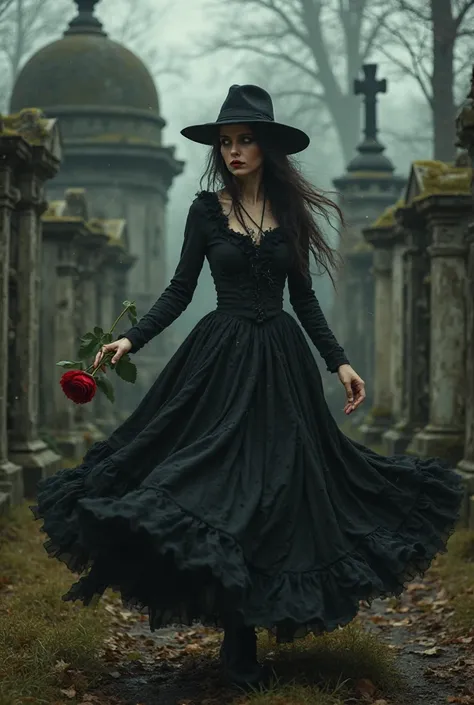 Woman from the 1800s wearing ripped black clothes and antique black hat, spinning in a cemetery holding a red rose 