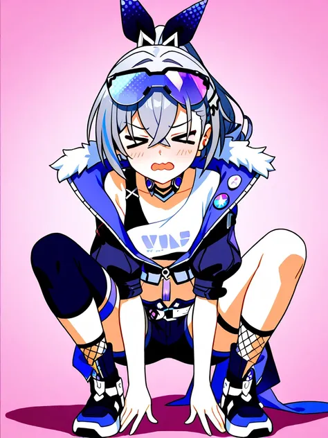 1girl, Silver Wolf \(Honkai: Star Rail\),((best quality:1.4,beautiful detailed eyes)) anime screencap, masterpiece, best quality, A young woman dressed in cosplay poses confidently against a pink background. giving her a playful, demonic look. This is a si...