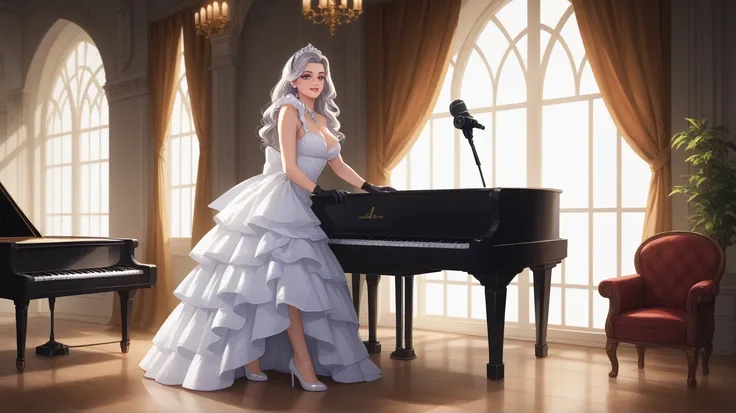 Masterpiece, best quality, highly detailed, beautiful lighting, cinematic,  
A silver-haired elegant maid with soft waves, deep purple eyes, standing on a grand stage, singing under a bright spotlight.  
She wears a classic black maid dress, long black glo...