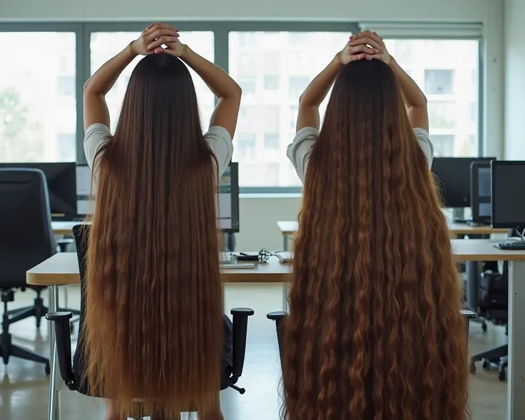 Two Asian women with extremely long, voluminous, silky, and shiny hair reaching past their hips, sitting on chairs in an office setting, facing forward. Their thick and flowing hair falls naturally over their shoulders and extends further down. They have t...