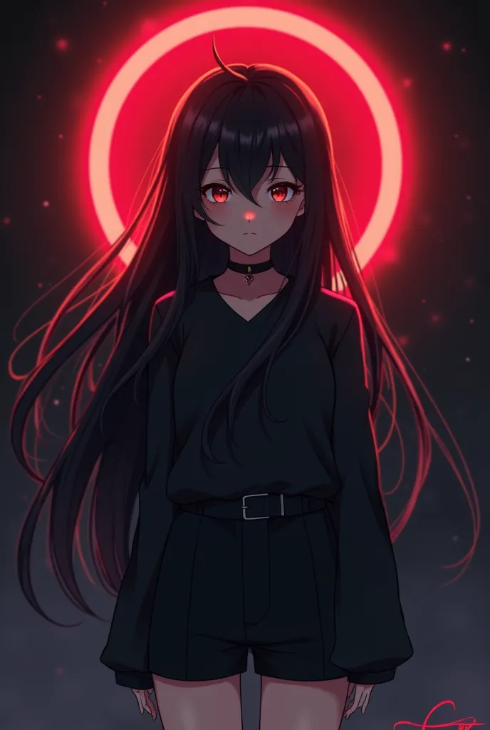 An anime ager with a red halo, with black long sleeve blouse and short black shorts