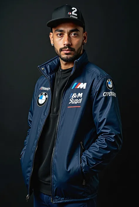 upside down black cap, samuel ,  25 years, con cabello negro estilo buzz cut, brown eyes,  short profiled beard , 
Remote view full body . shiny white leather, Posing Urbano
Black background with number 2 in large blue. modern navy blue jacket with various...