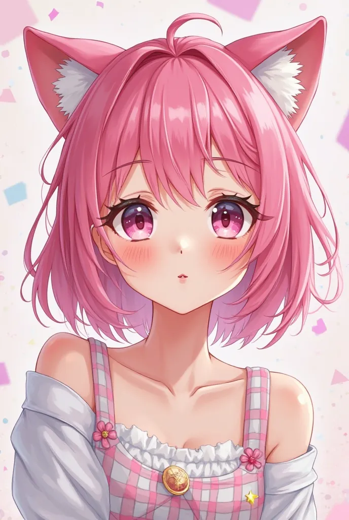 An anime girl with pink hair in Egirl style and kawaii style with cat ears