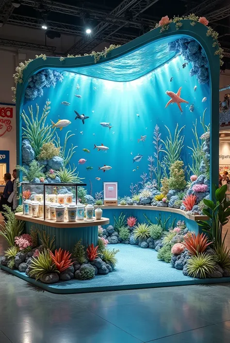 Create a booth stall that has yogurt product but the design is marine biodiversity 