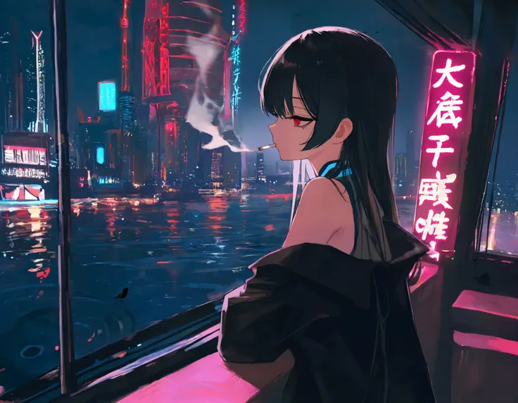 Sunrise, being on the balcony, smoking, long sleeves, white breath, winter theme, lazy dark circles under the eyes,looking away, ,Telephone pole, a small bird in the distance, 
,kisaki (blue archive),,Cyberpunk cityscape ,The Tower of Babel shines in neon ...