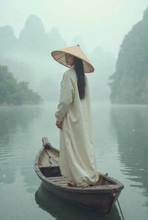 a beautiful girl wearing a palm hat in antique film, wearing a dewy white coat, standing on a small boat blowing . Around the fog covering. A majestic natural view of the mountains and rivers emerges beautifully and sharply một chú mèo đội một chiếc mũ lá,...