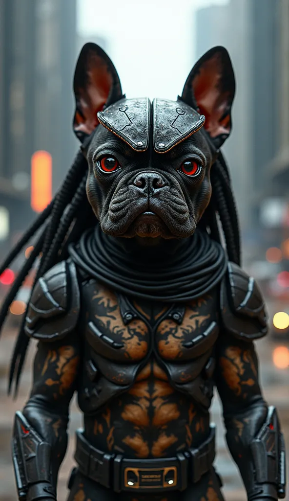 French bulldog dressed as Predator, background Yautja Prime city 