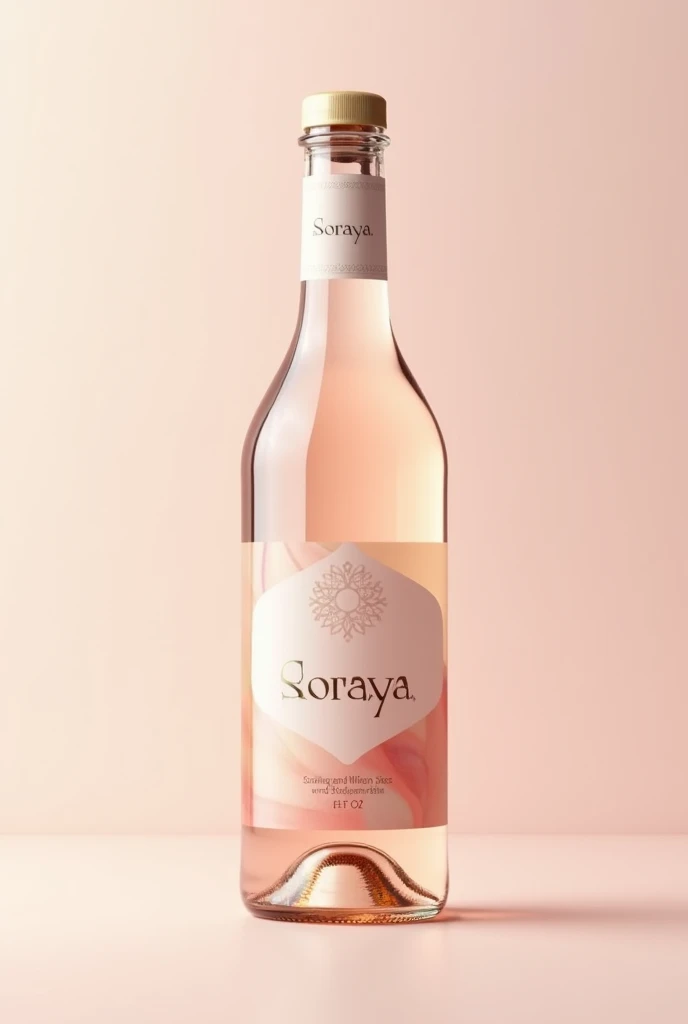 Generate an ergonomic, transparent glass bottle for the brand Soraya, with the following specifications:

Color Palette: Soft ivory and blush pink.
Design Elements: A fully transparent bottle showcasing the delicate, lightly golden or pearlescent hue of th...