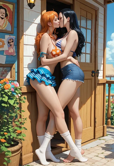 Nico Robin with Nami from one piece kissing, masterpiece, kissing, two girls in mini skirt, big breasts, bikini, bangs, One Piece, stripping, colored box background, big breasts, cleavage, out, undressing, black hair, orange hair,full body perfect composit...