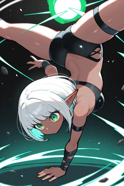 1girl, solo, dark elf, white bob cut, green eyes, spinning bird kick, spread legs, upside-down, handstand, spinning speed line, motion blur, dynamic composition, (by mika pikazo:0.8, by terada tera:0.8, by rariatto:0.6), very awa, masterpiece, best quality...