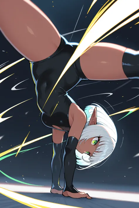 1girl, solo, dark elf, white bob cut, green eyes, spinning bird kick, spread legs, upside-down, handstand, spinning speed line, motion blur, dynamic composition, (by mika pikazo:0.8, by terada tera:0.8, by rariatto:0.6), very awa, masterpiece, best quality...